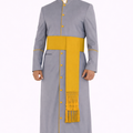 Man wearing a gray and yellow robe with a white background