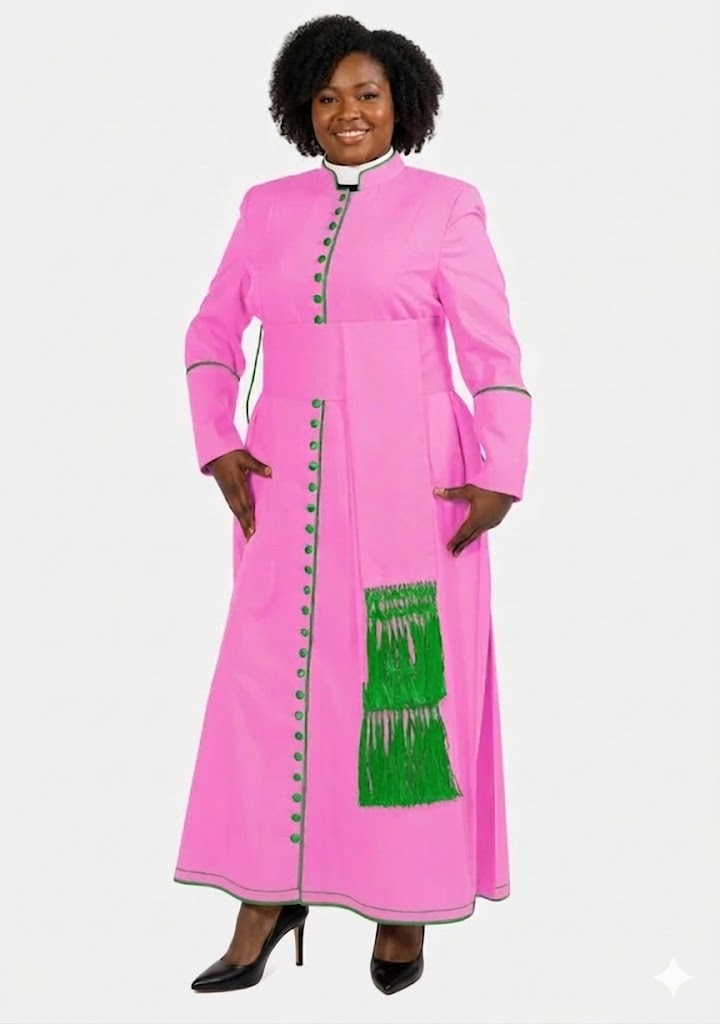 Woman wearing a pink dress with green accents on a white background