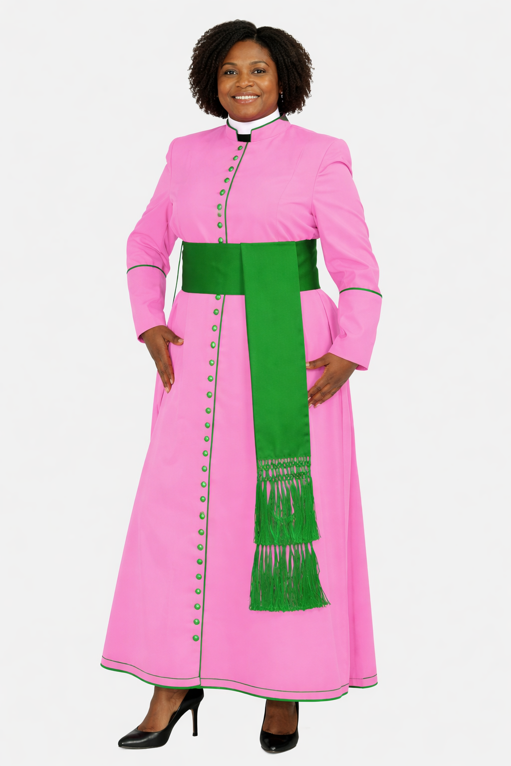 Women wearing a pink robe with a green stole on a white background