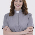 women wearing a gray shirt with a white collar on a white background