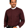 Man wearing a maroon long-sleeve shirt with a white collar on a white background