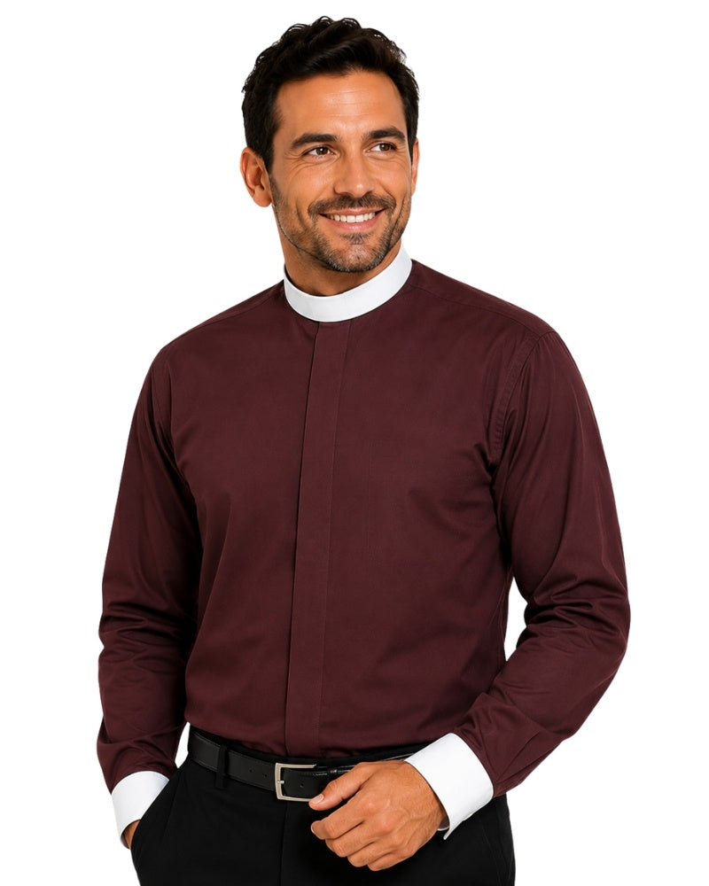 Man wearing a maroon long-sleeve shirt with a white collar on a white background
