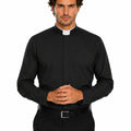 Man wearing a black clerical shirt with a white collar on a white background
