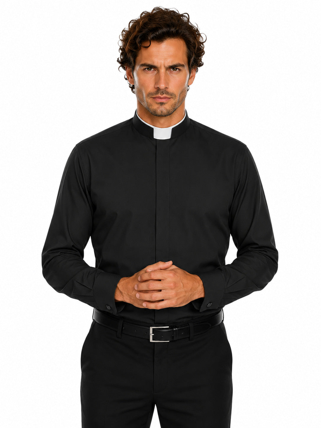 Man wearing a black clerical shirt with a white collar on a white background