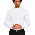 Man wearing a white clerical shirt and black pants on a white background