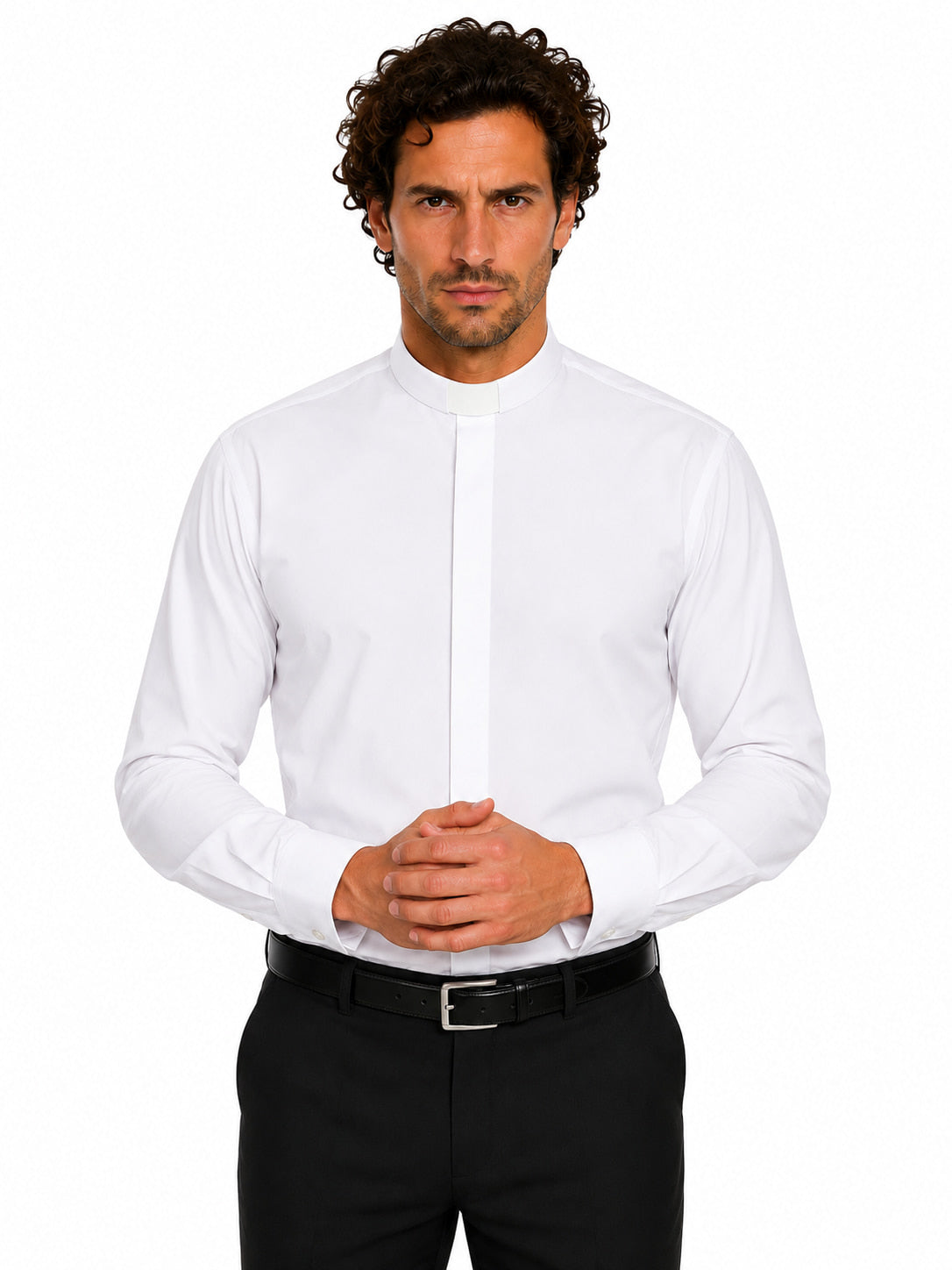 Man wearing a white clerical shirt and black pants on a white background