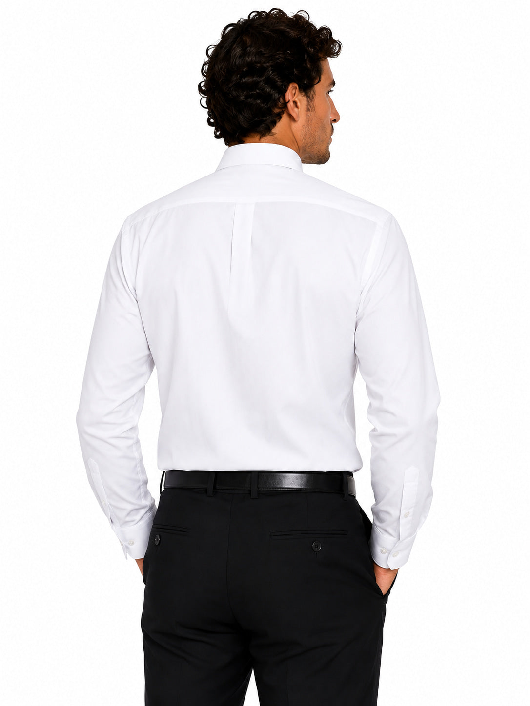 Man wearing a white clerical shirt and black pants on a white background