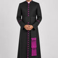 Men wearing black cassock with purple pipping on a white background