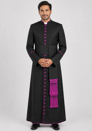 Men wearing black cassock with purple pipping on a white background