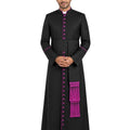A man modeling a long black clerical cassock with bright purple trim, purple buttons, and a purple hanging sash, shown against a plain white background.