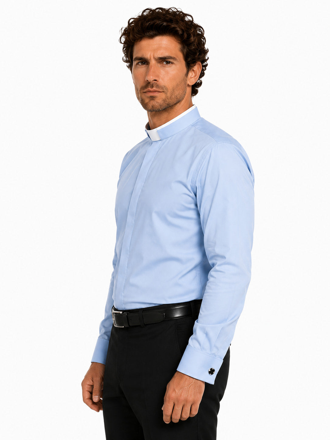Man wearing a light blue long-sleeve shirt with a collar on a white background