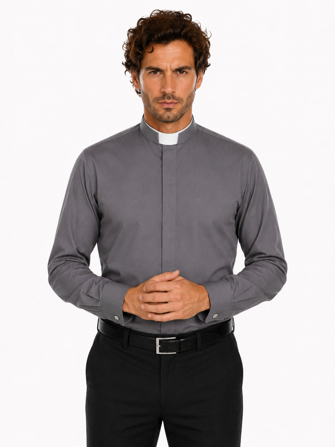 Man wearing a gray clerical shirt with a white collar on a white background