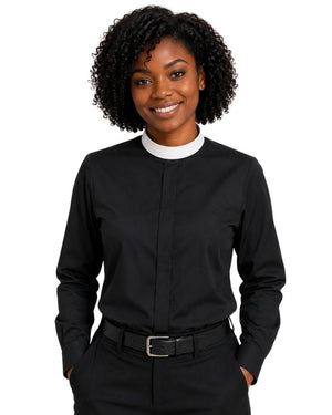 A woman shown from the front wearing a black long-sleeve clerical shirt with a white collar, paired with black trousers and a black belt, against a plain white background.