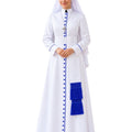 Women wearing White Anglican Cassock with blue trim against the plain white background.