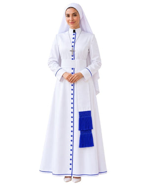 Women wearing White Anglican Cassock with blue trim against the plain white background.