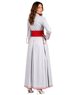 A woman modeling a long white cassock with a wide red waist sash and red trim details, shown from a back-three-quarter view against a plain white background.