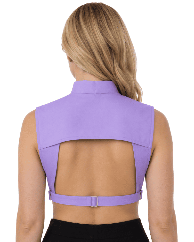 A woman shown from the back wearing a lavender sleeveless clergy dickey high mock neck and a wide open back, featuring a thin waist strap with a buckle closure.