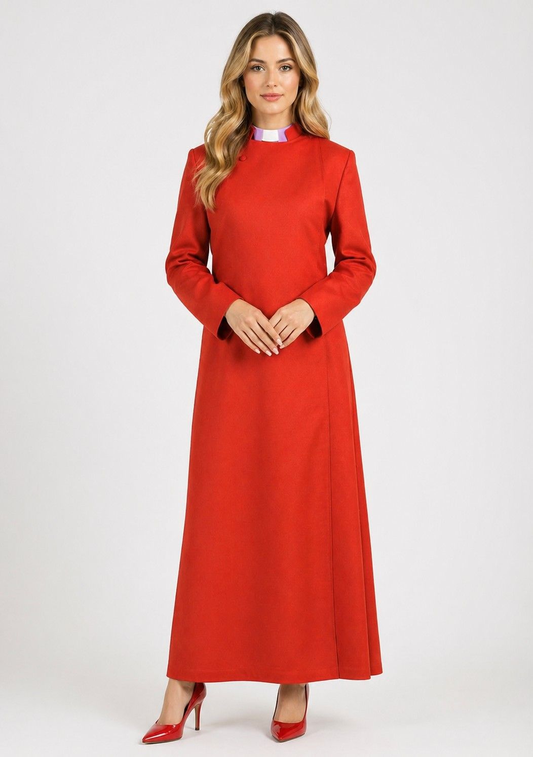 Woman wearing a red dress on a white background