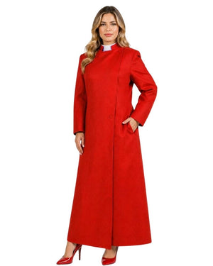A woman modeling a long red cassock with a high stand collar, worn over a white collar, paired with red high heels, against a plain white background.