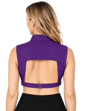 A woman shown from the back wearing a sleeveless purple clergy dickey and a large open back design, paired with black bottoms, against a plain white background.