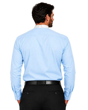 A man viewed from the back wearing a light blue long-sleeve clerical shirt, black trousers, and a black belt against a plain white background.