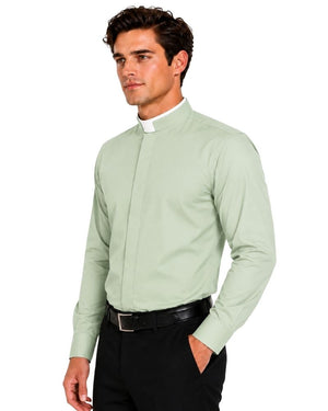 A man wearing a light sage green long-sleeve clerical shirt with a white collar, paired with a black belt, against a plain white background.