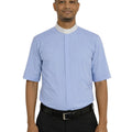 Man wearing a light blue shirt with black pants on a white background