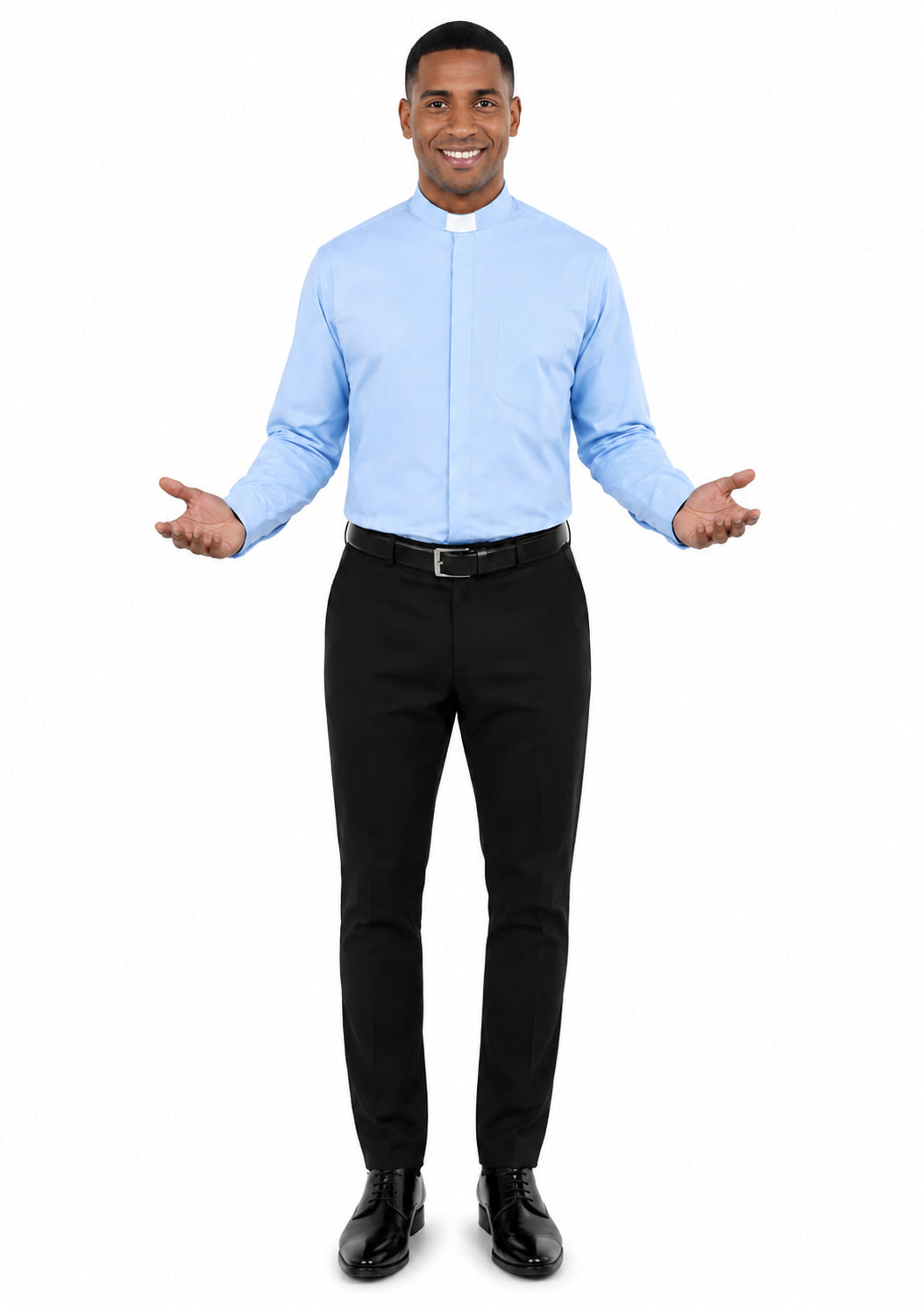 Man wearing a light blue shirt and black pants on a white background