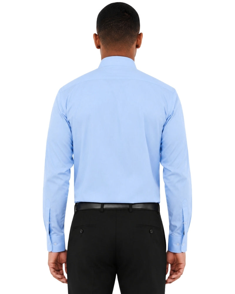 Man wearing a light blue shirt and black pants on a white background