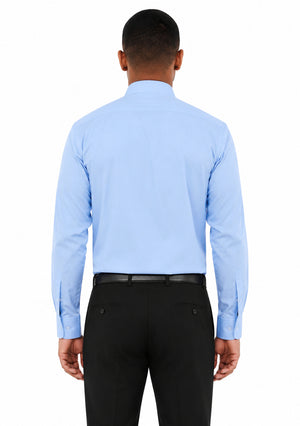 Man wearing a light blue dress shirt and black pants on a white background