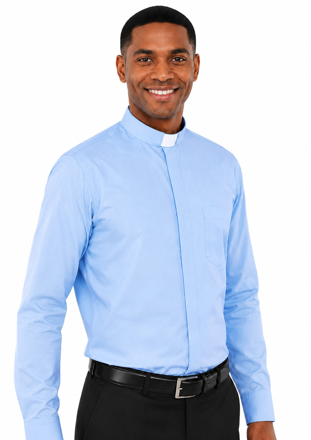 Man wearing a light blue clerical shirt with a white collar on a white background