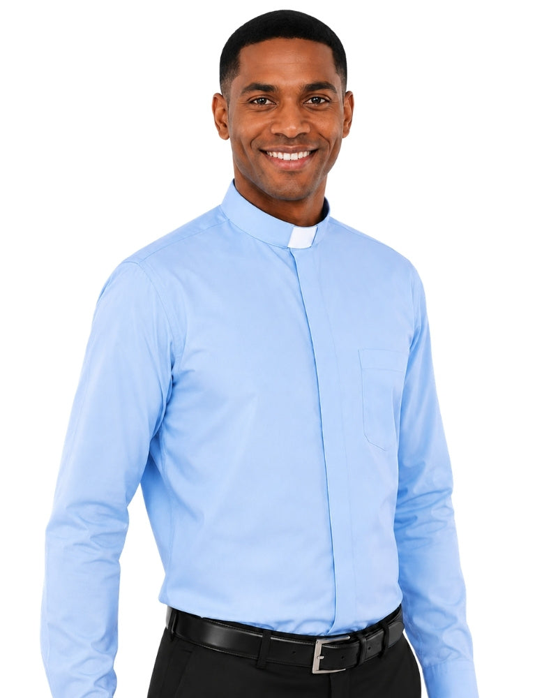 Man wearing a light blue shirt and black pants on a white background