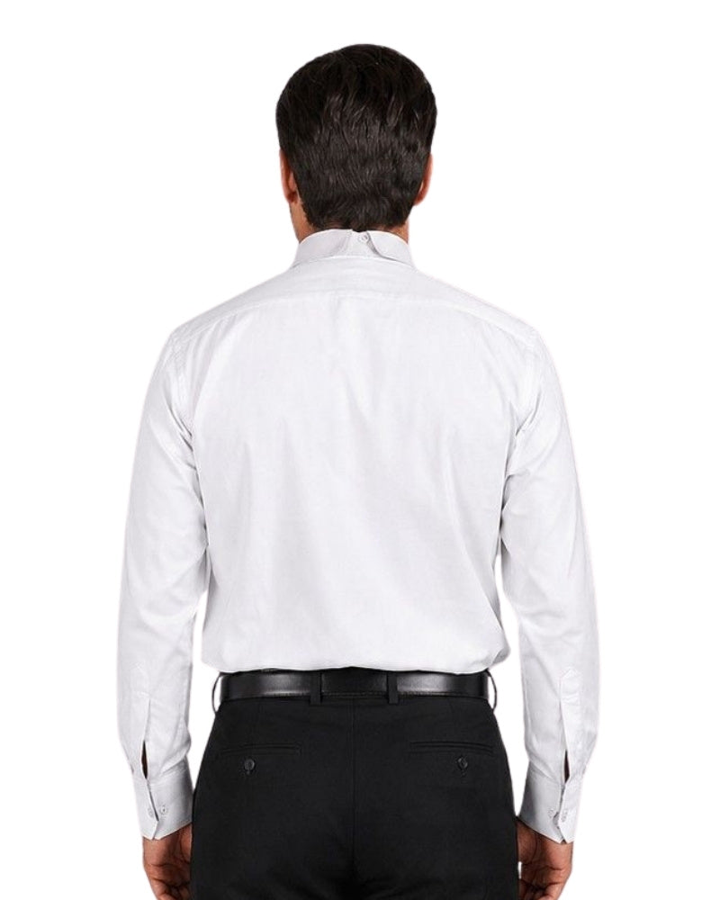 Man wearing a white dress shirt and black pants on a white background