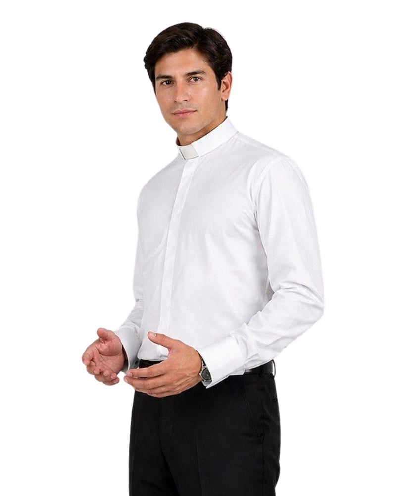 Man wearing a white dress shirt and black pants on a white background