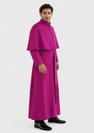 Man wearing a magenta religious robe on a white background