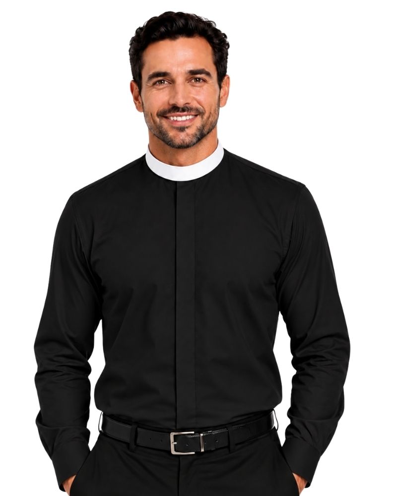 A man wearing a black long-sleeve clerical shirt with a white collar, paired with a black belt and trousers, photographed against a plain white background.