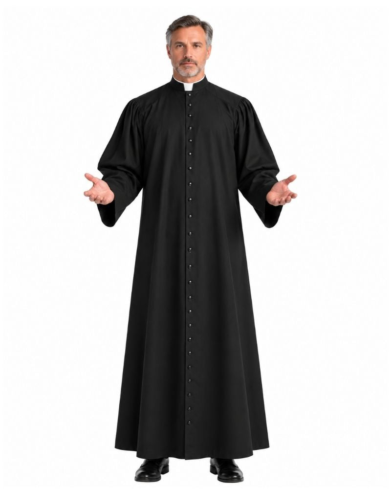 A man modeling a Men’s Black Minister Clergy Robe with a high collar, front button closure, and a white collar insert, standing against a plain white background.