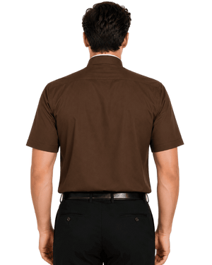 A man viewed from the back wearing a brown short-sleeve clerical shirt tucked into black dress pants with a black belt, against a plain white background.