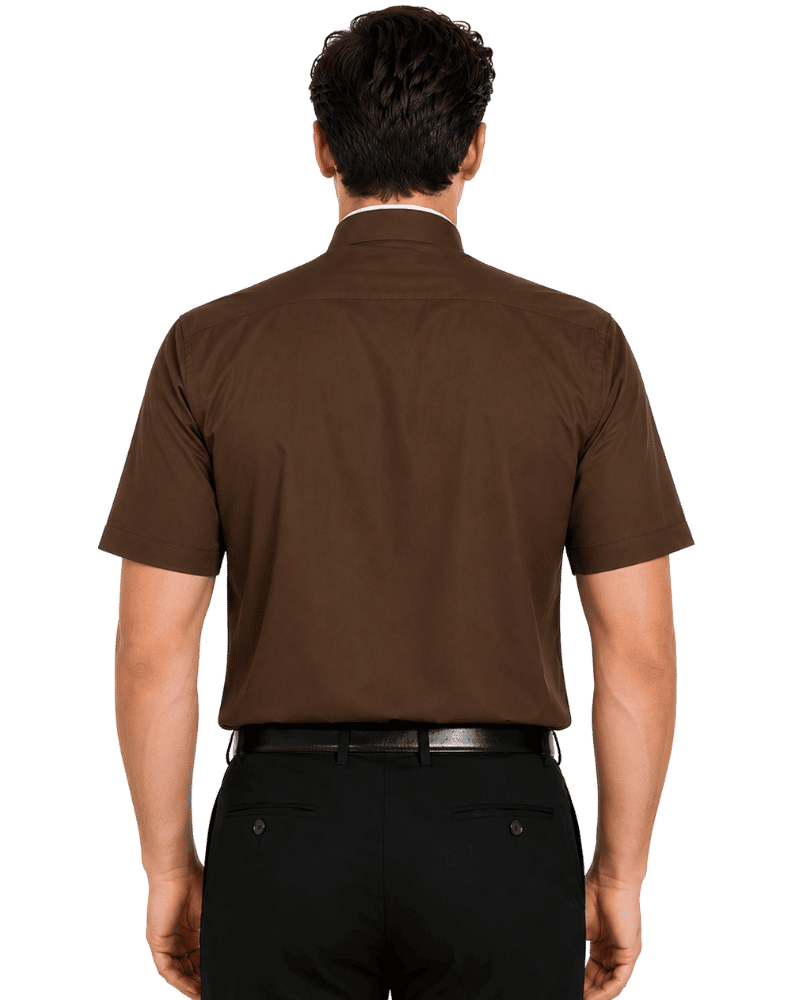 A man viewed from the back wearing a brown short-sleeve clerical shirt tucked into black dress pants with a black belt, against a plain white background.