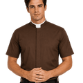 A man wearing a brown short-sleeve clerical shirt with a white collar, paired with a black belt and dark trousers, standing against a solid white background.