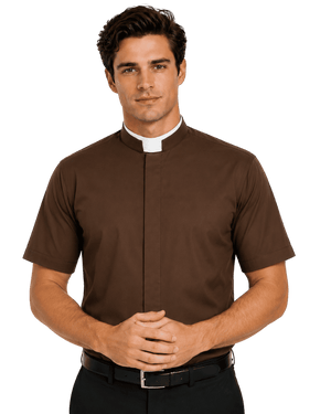 A man wearing a brown short-sleeve clerical shirt with a white collar, paired with a black belt and dark trousers, standing against a solid white background.