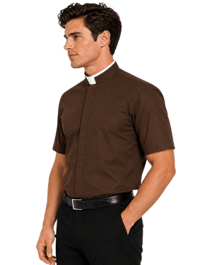 A man wearing a brown short-sleeve clerical shirt with a white clerical collar, paired with black trousers and a black belt, shown in profile against a plain white background.