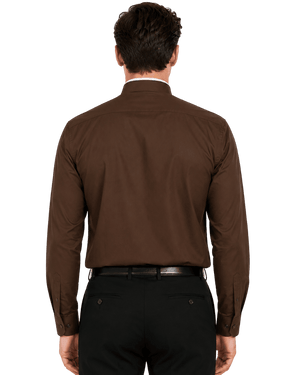 A man viewed from the back wearing a brown long-sleeve clerical shirt, black trousers, and a black belt against a plain white background.