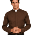 A man wearing a brown long-sleeve clerical shirt with a white collar, paired with a black belt and black trousers, standing against a solid white background.