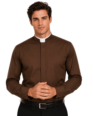 A man wearing a brown long-sleeve clerical shirt with a white collar, paired with a black belt and black trousers, standing against a solid white background.