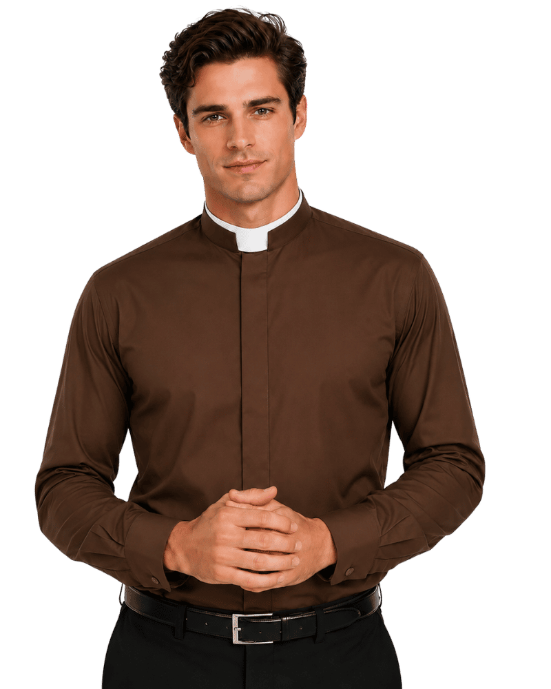 A man wearing a brown long-sleeve clerical shirt with a white collar, paired with a black belt and black trousers, standing against a solid white background.