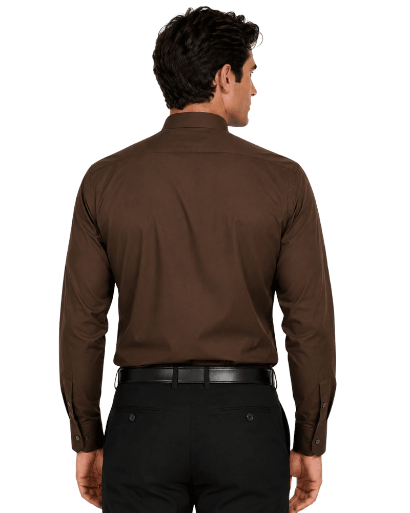 A man shown from the back wearing a dark brown long-sleeve clerical shirt and black trousers, photographed against a solid white background.