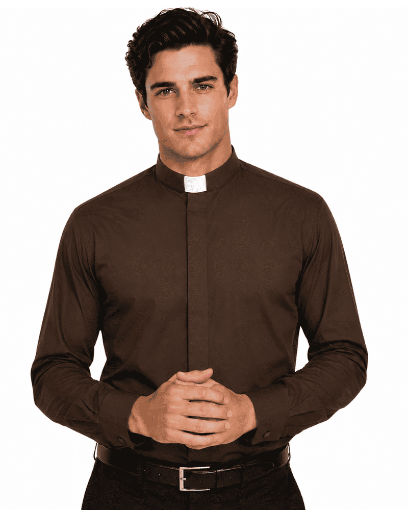 A man wearing a dark brown long-sleeve clerical shirt with a white collar tab, paired with a black belt and dark trousers, photographed against a solid white background.