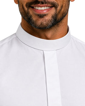 Close-up of a man wearing a white clerical collar shirt with a high stand-up collar and front placket, shown against a plain white background.