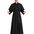 A man modeling a black priest cassock with a long robe, matching cape, and a white collar, set against a plain white background.